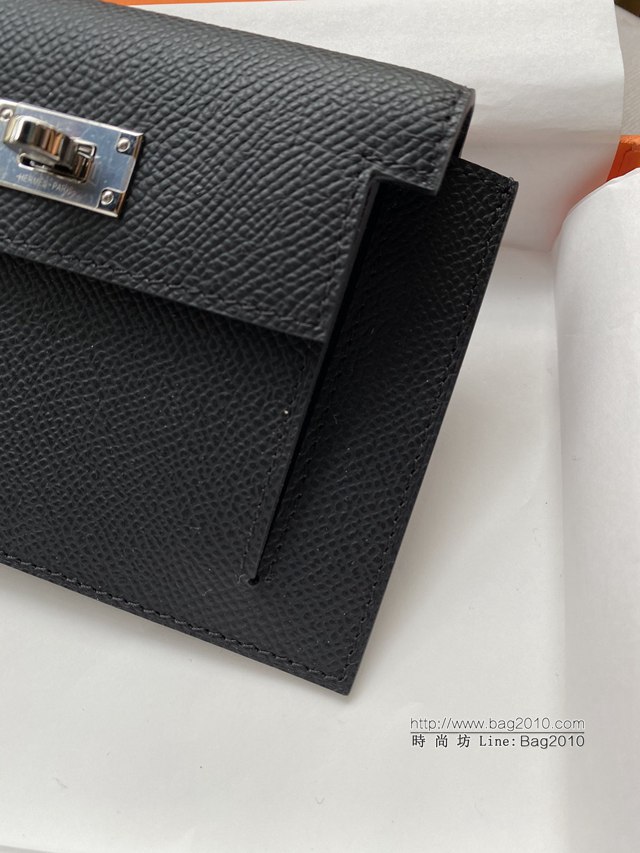 Hermes卡包 愛馬仕原版Kelly Pocket Epsom皮 Hermes新款小錢包 黑銀  tdh2169